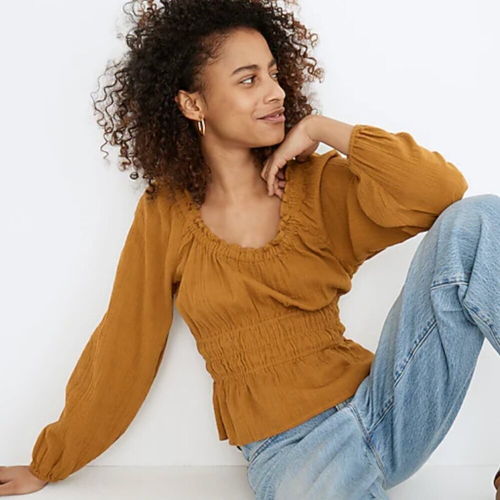 Madewell Sophia Top in Textured Plaid Antique Gold Size Small